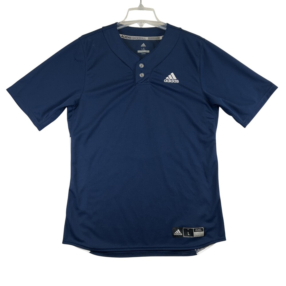 Adidas Shirt Mens Large Blue Short Sleeve Henley Baseball Jersey Top Athletic